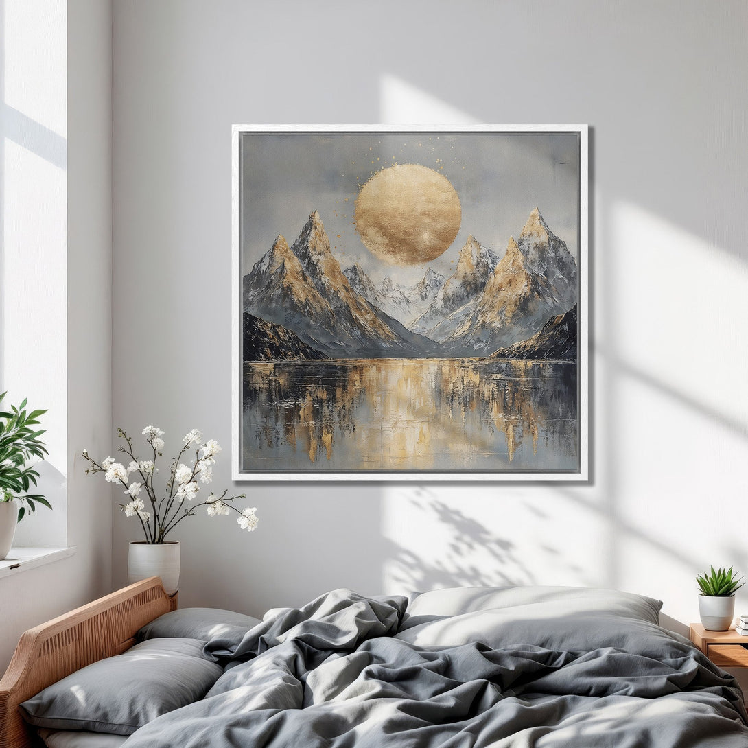 Framed Wall Art: Mountain landscape canvas print with gold and gray tones. Modern wall decor for a serene bedroom aesthetic.