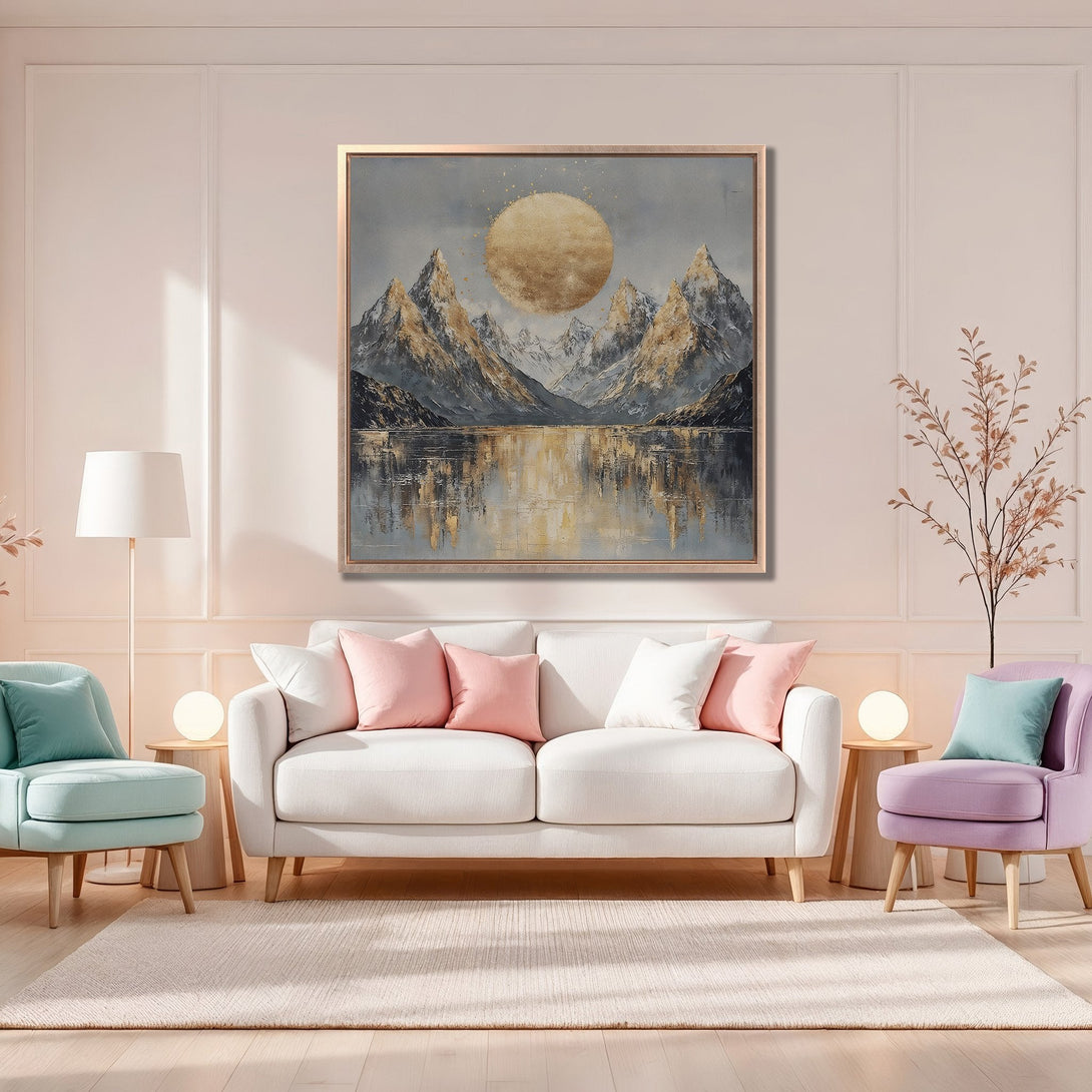 Framed Wall Art featuring a mountain landscape with a golden sun, in a neutral palette. Perfect for adding a touch of elegance to your home decor.
