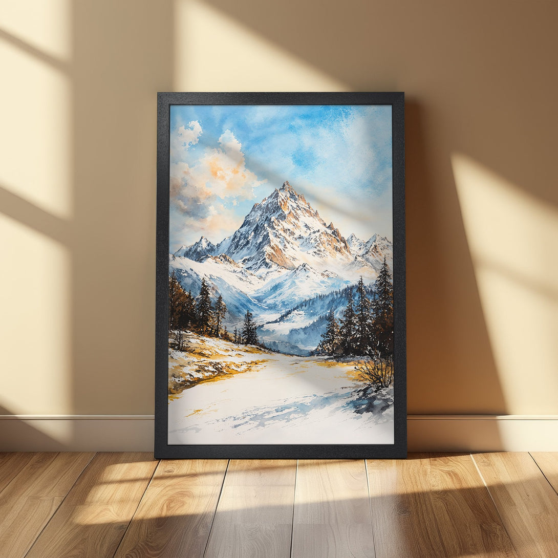 Framed Poster of a snowy mountain landscape in watercolor style, featuring a blue and white color palette, perfect for home decor.
