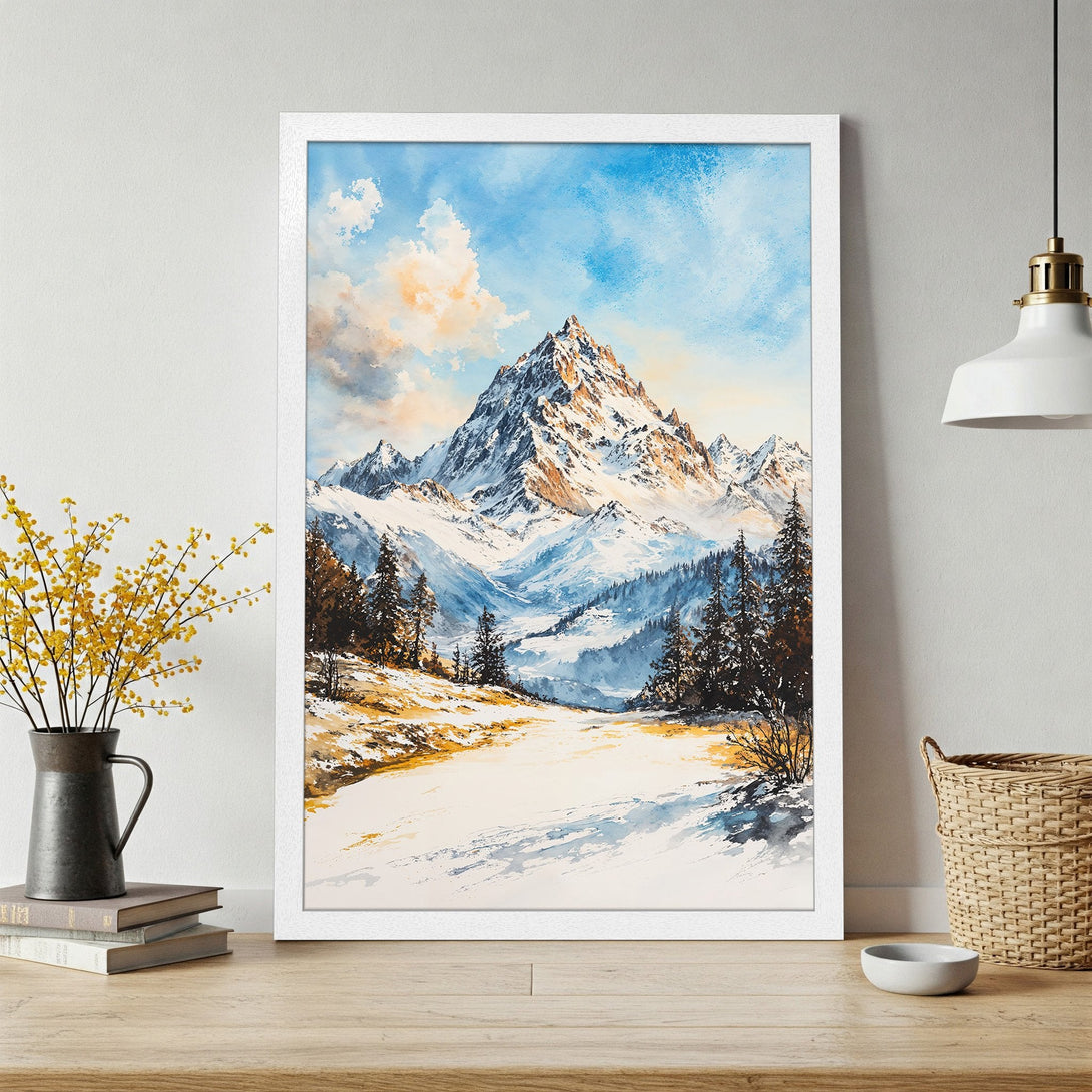 Framed Poster of a watercolor mountain landscape in blue, gold, and white. Perfect wall art for a cozy home.