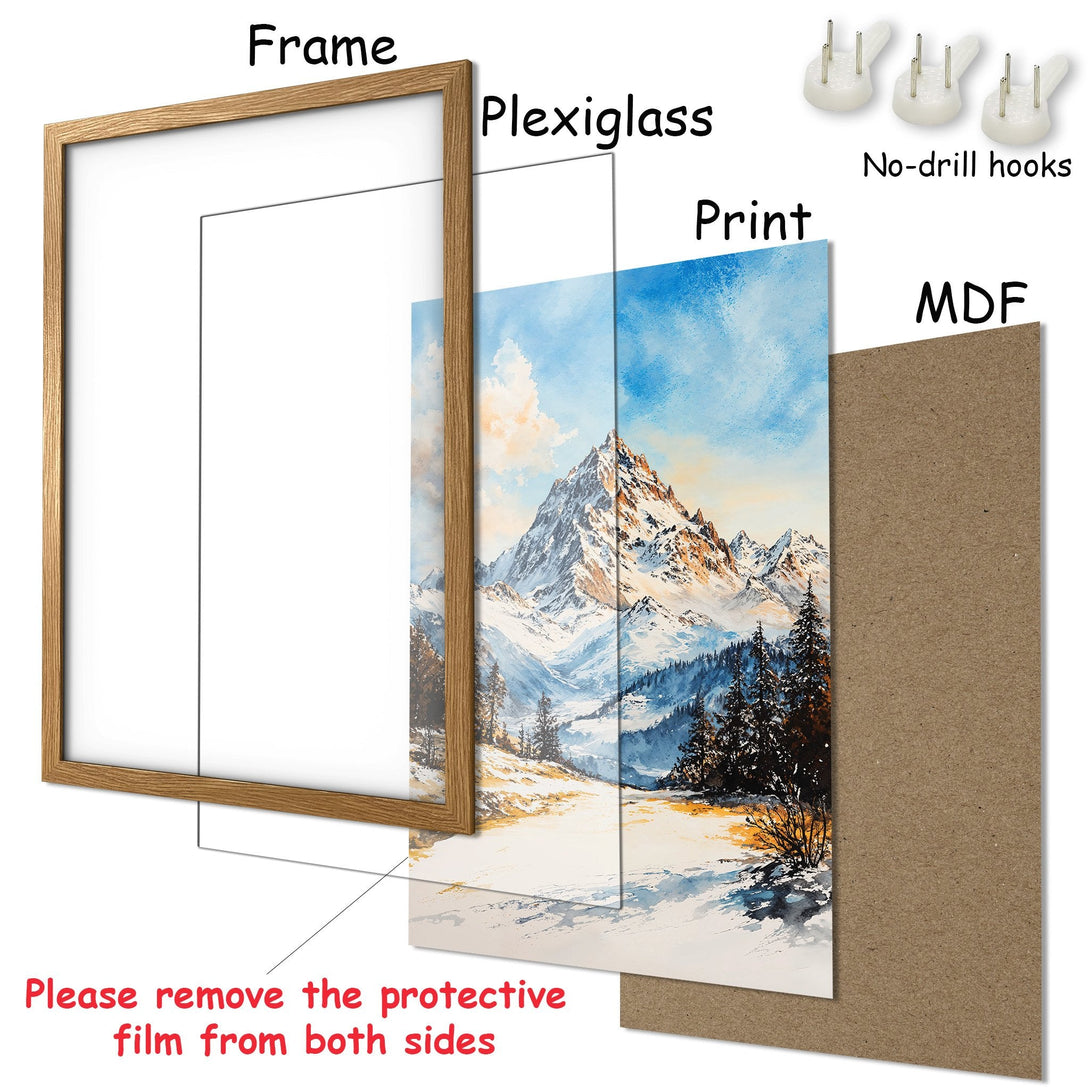 Framed Poster: Watercolor mountain art print in blue, white, and brown. Perfect wall decor for any room. Easy to hang!