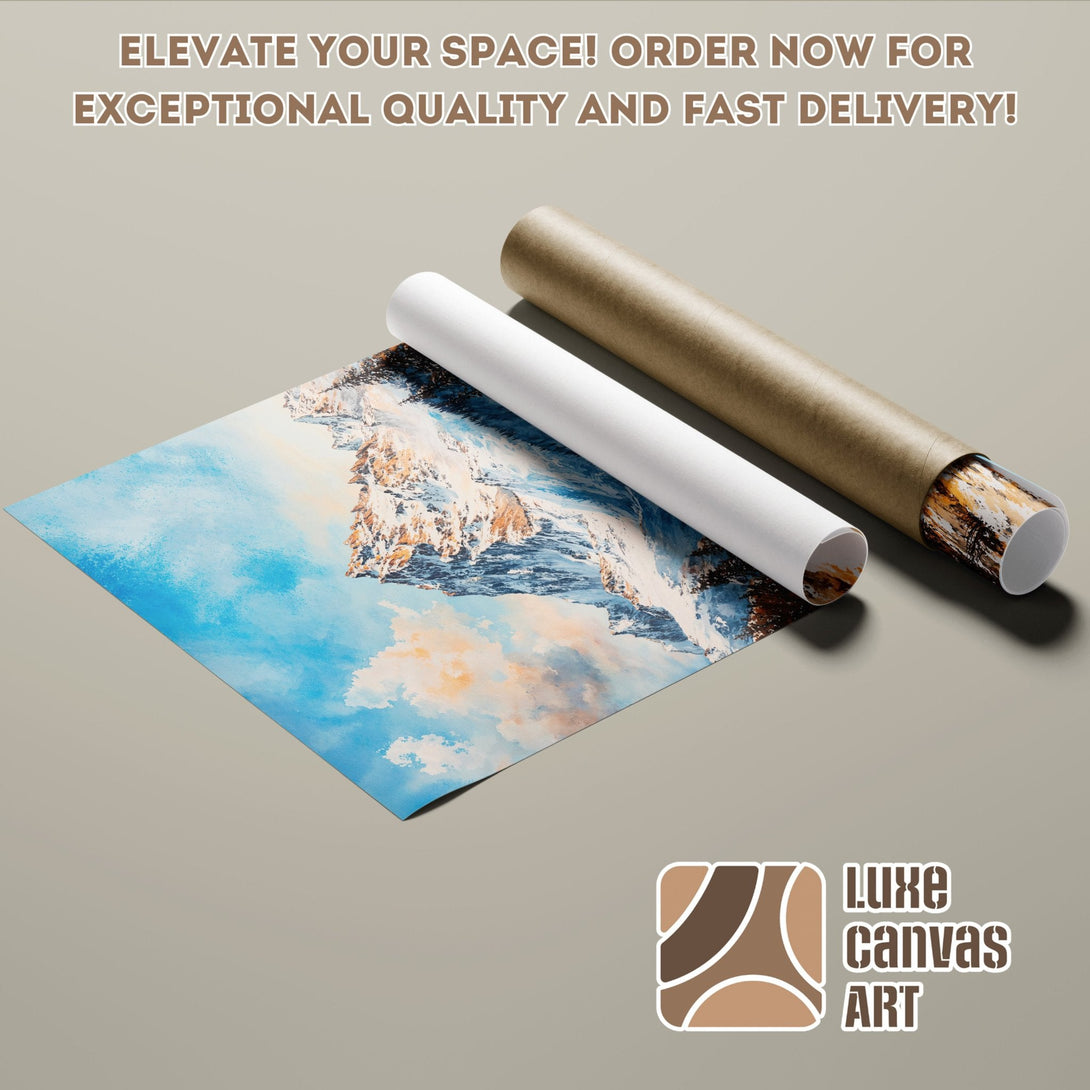Mountain landscape Poster Roll art print in blue, white, and brown tones. Elevate your space!