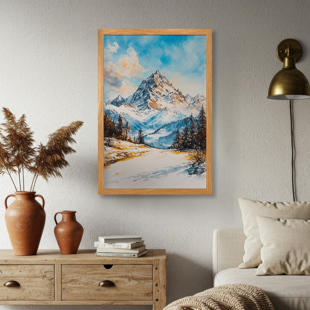 Framed Poster of a majestic mountain landscape in watercolor style, featuring blue, white, and warm earth tones. Perfect wall art!