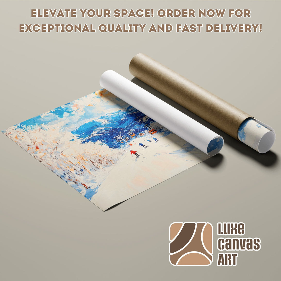 Abstract ski scene Poster Roll in blue, white, and orange. Elevate your space!