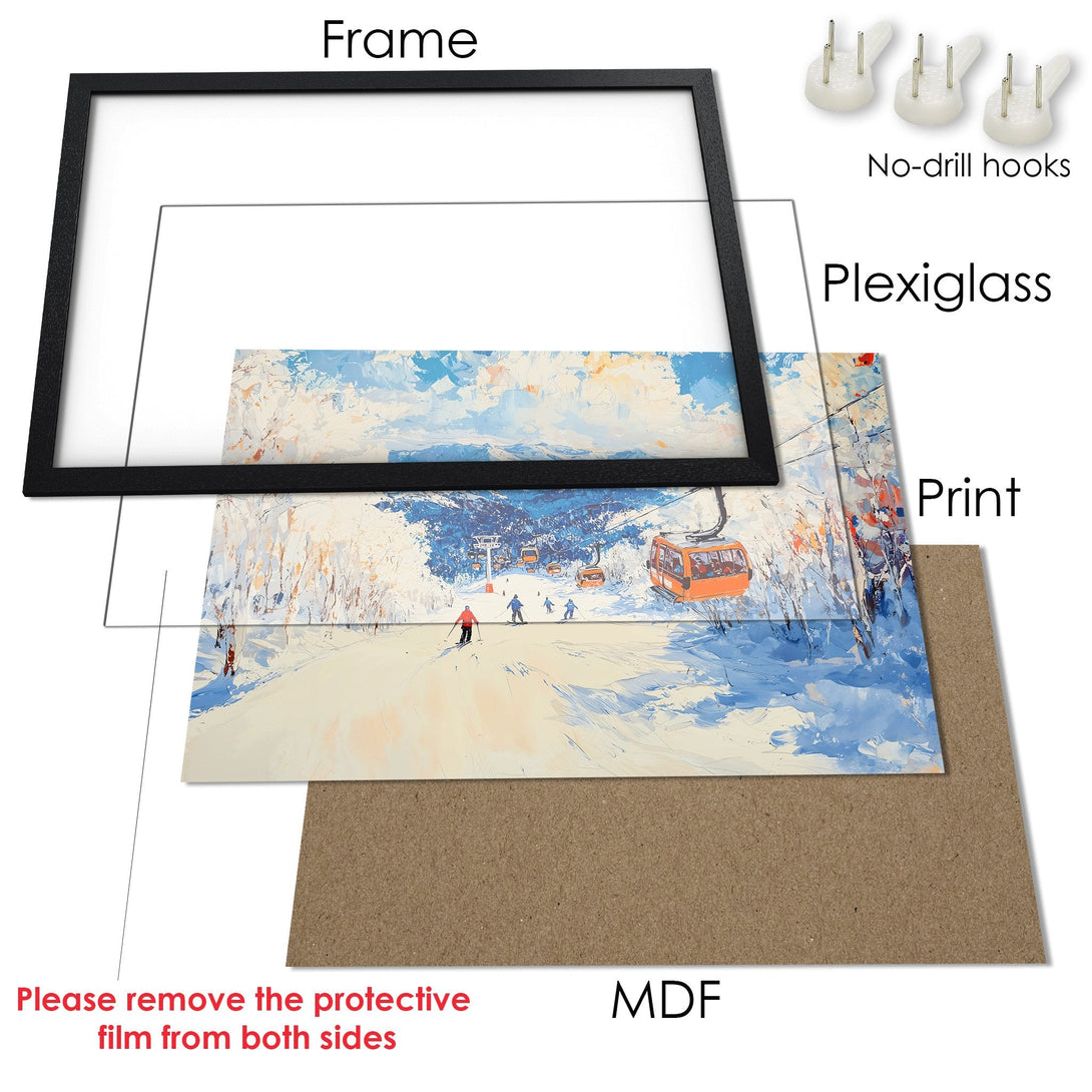 Framed Poster of a winter landscape in impressionist style, featuring blue and orange hues. Ready to hang!
