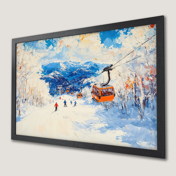 Framed Poster of a snowy ski resort scene. Impressionist style art with blue, white, orange, and black color palette. Perfect winter decor.