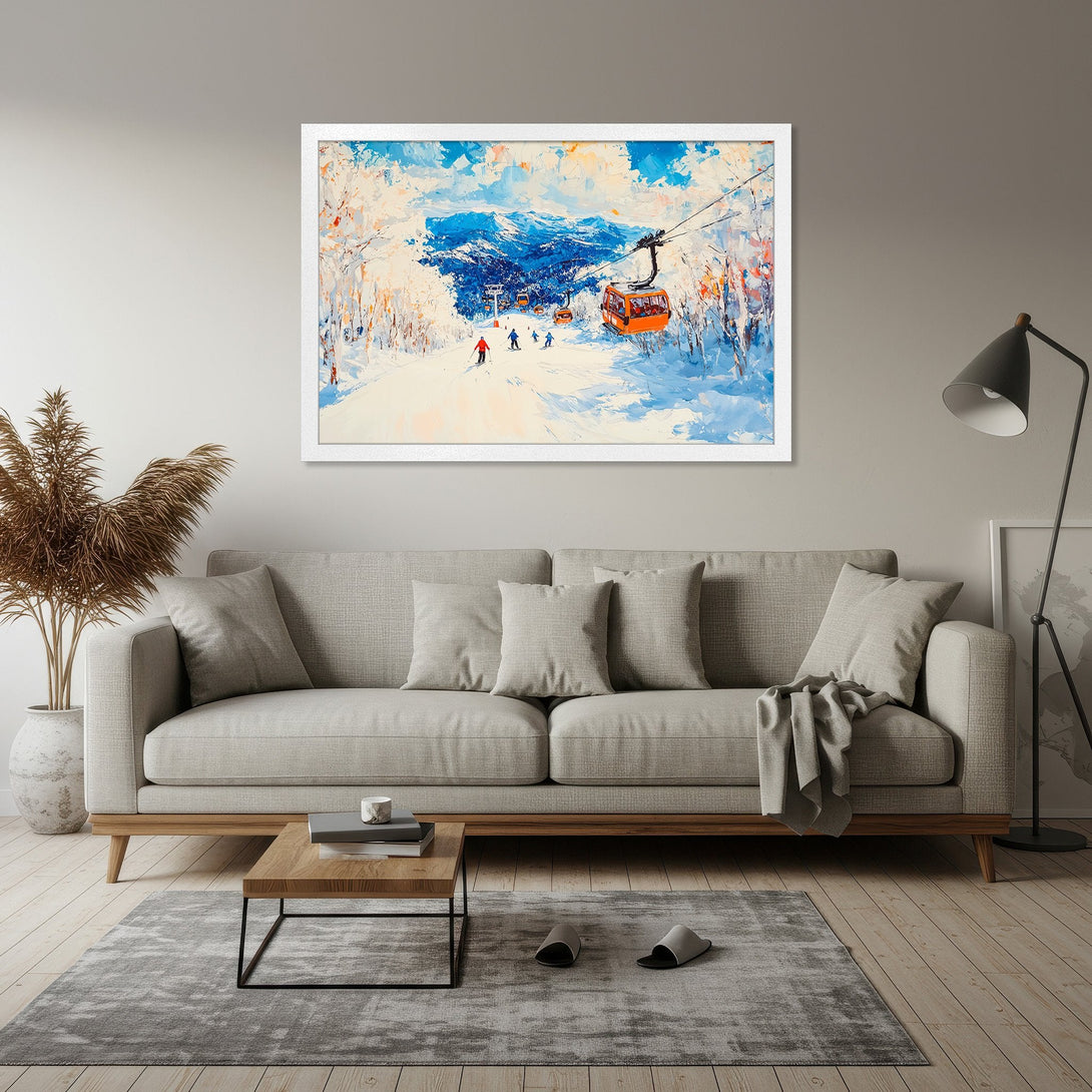 Framed Poster of a vibrant ski resort scene in an impressionistic style, featuring blue, white, and orange hues. Perfect wall art!