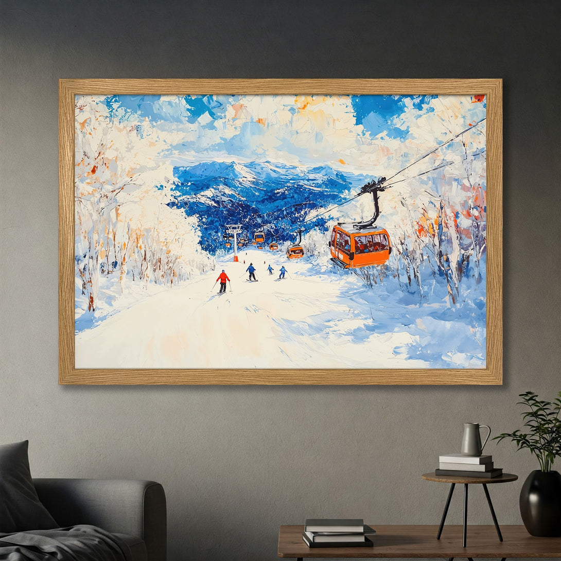 Framed Poster of a vibrant ski resort scene. Impressionist style with blue, white, and orange hues. Perfect wall art for a cozy home.