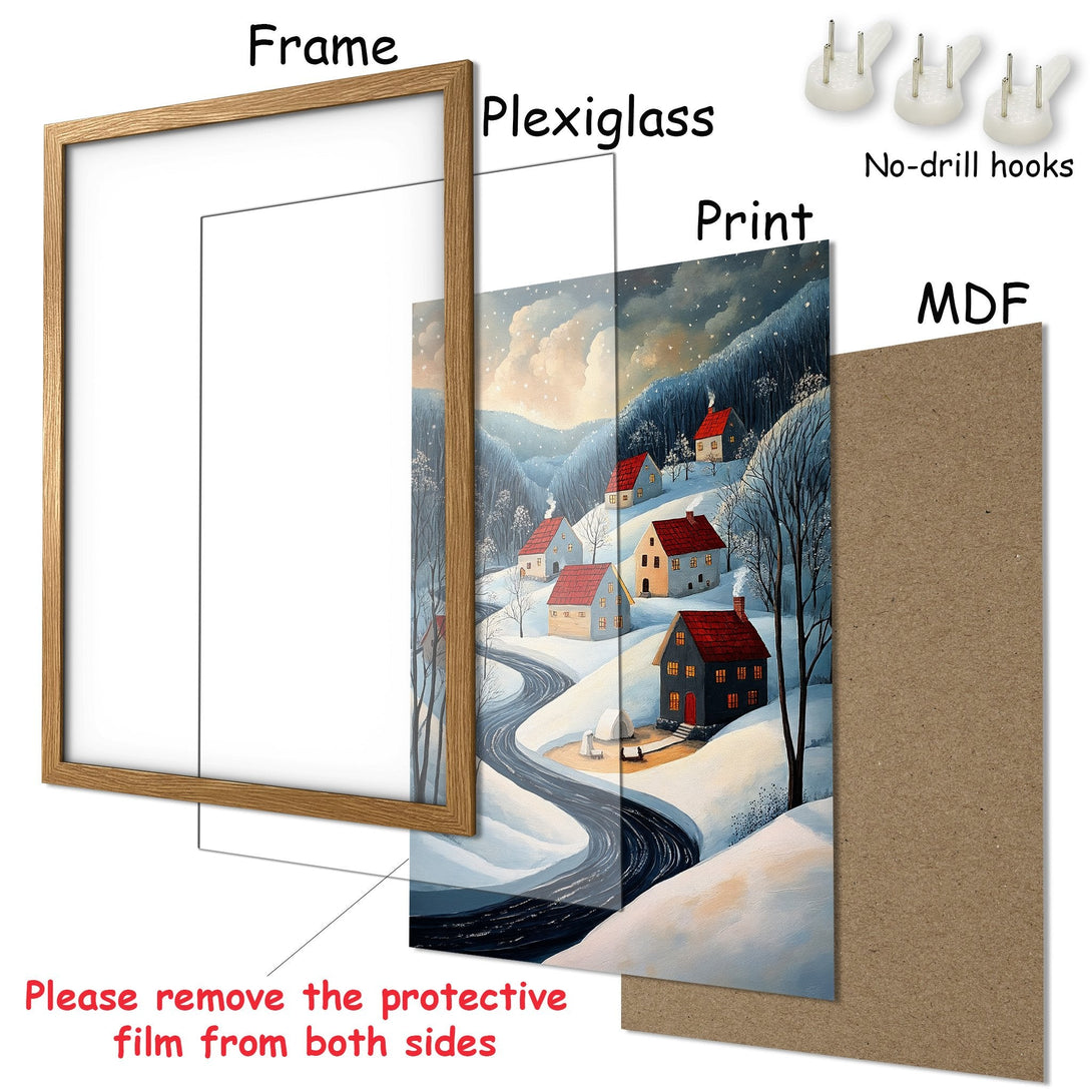 Framed Poster featuring a winter village scene. Cozy art in a cool blue and warm red palette, perfect for home decor.
