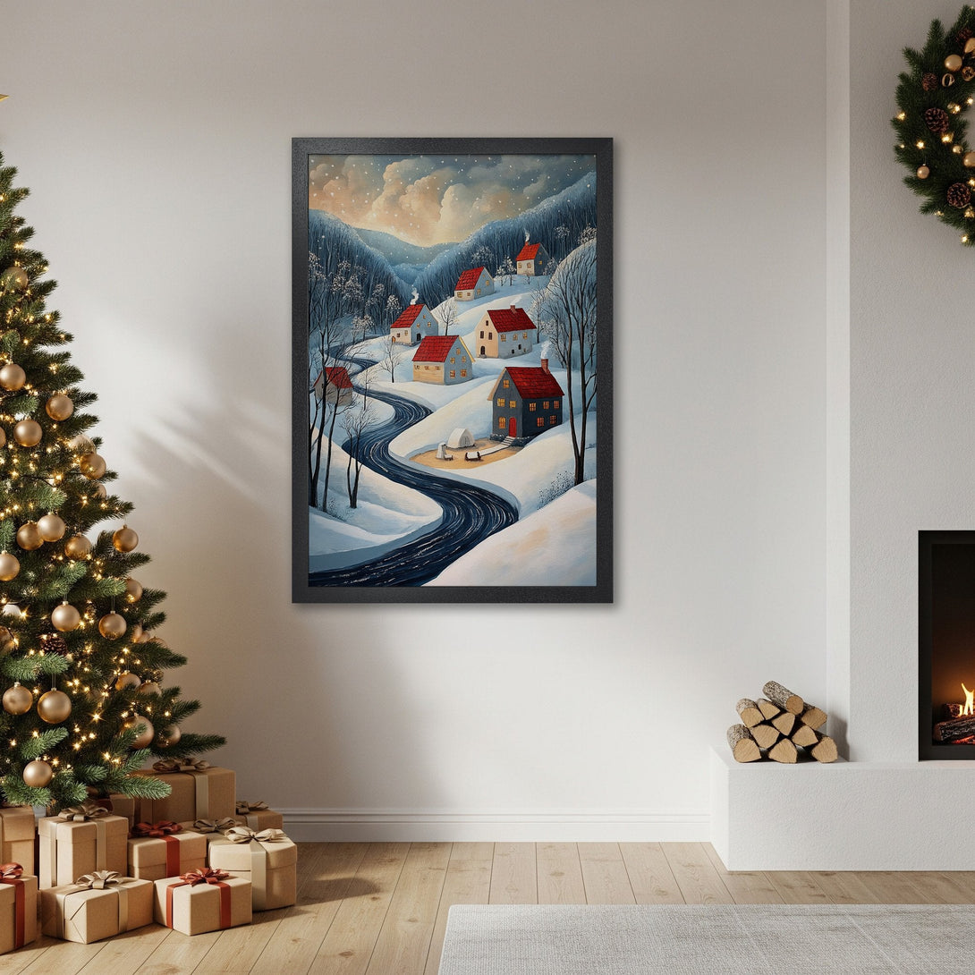 Framed Poster of winter village scene in blue, white, and red. Perfect holiday decor.