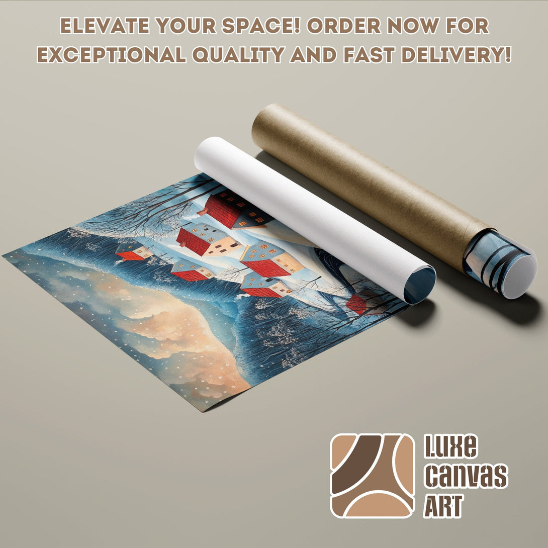 Winter village scene Poster Roll, artistic style, blue, red, and beige color palette. Order now!