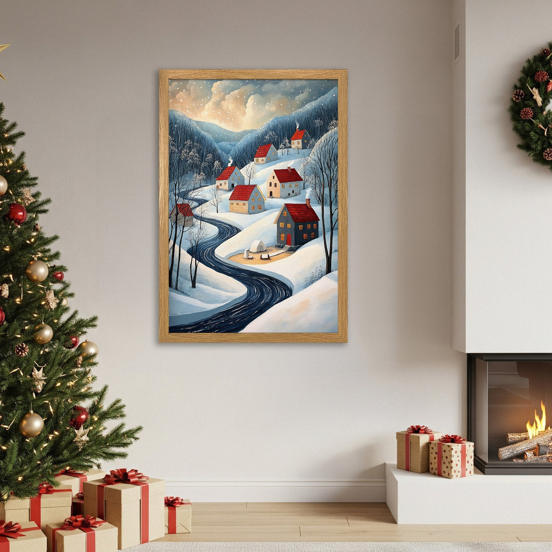 Framed Poster of a winter village scene in a cozy, illustrative style with a blue and warm color palette. Perfect holiday decor!