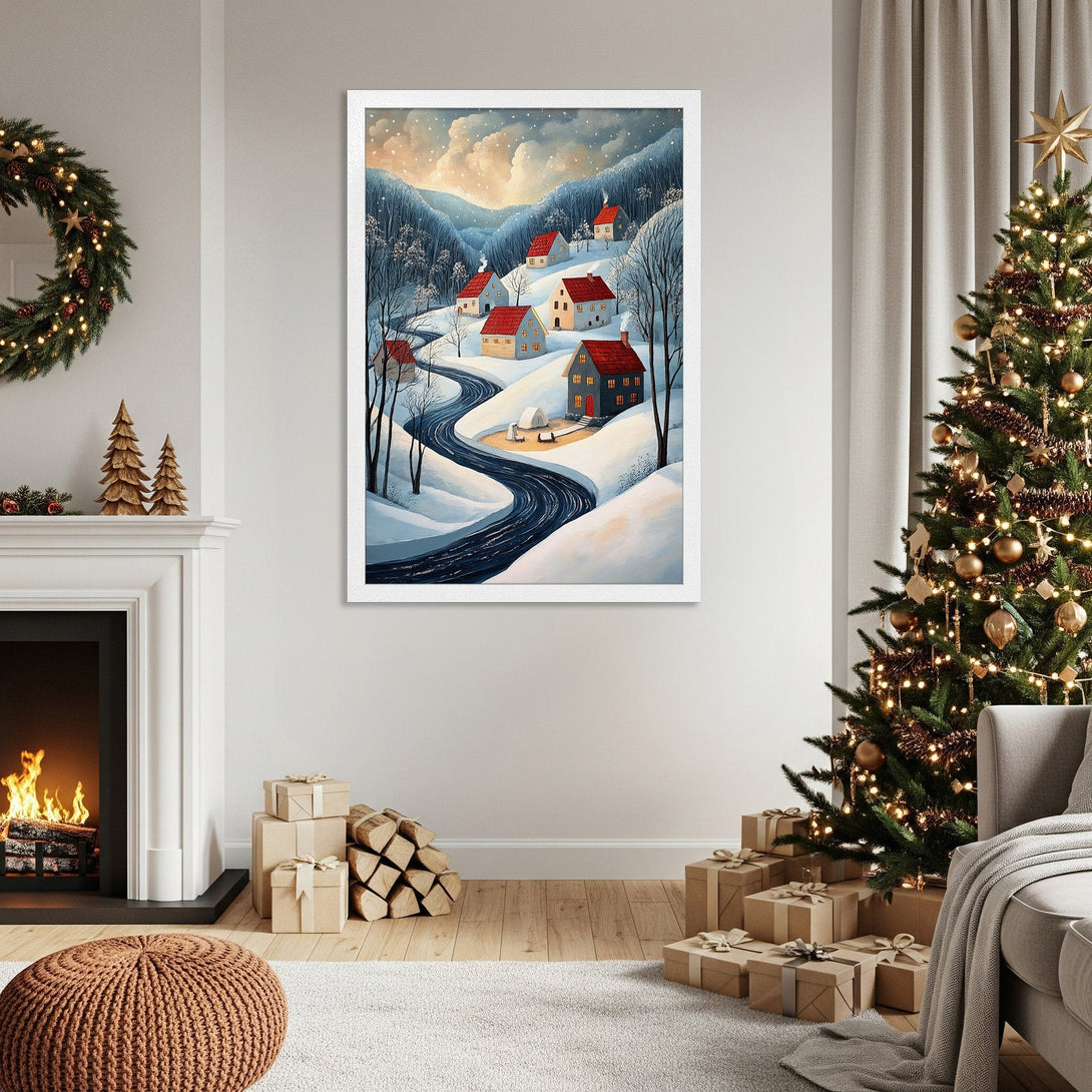Framed Poster of a winter village scene in a whimsical style with a blue and white color palette. Perfect for holiday decor!