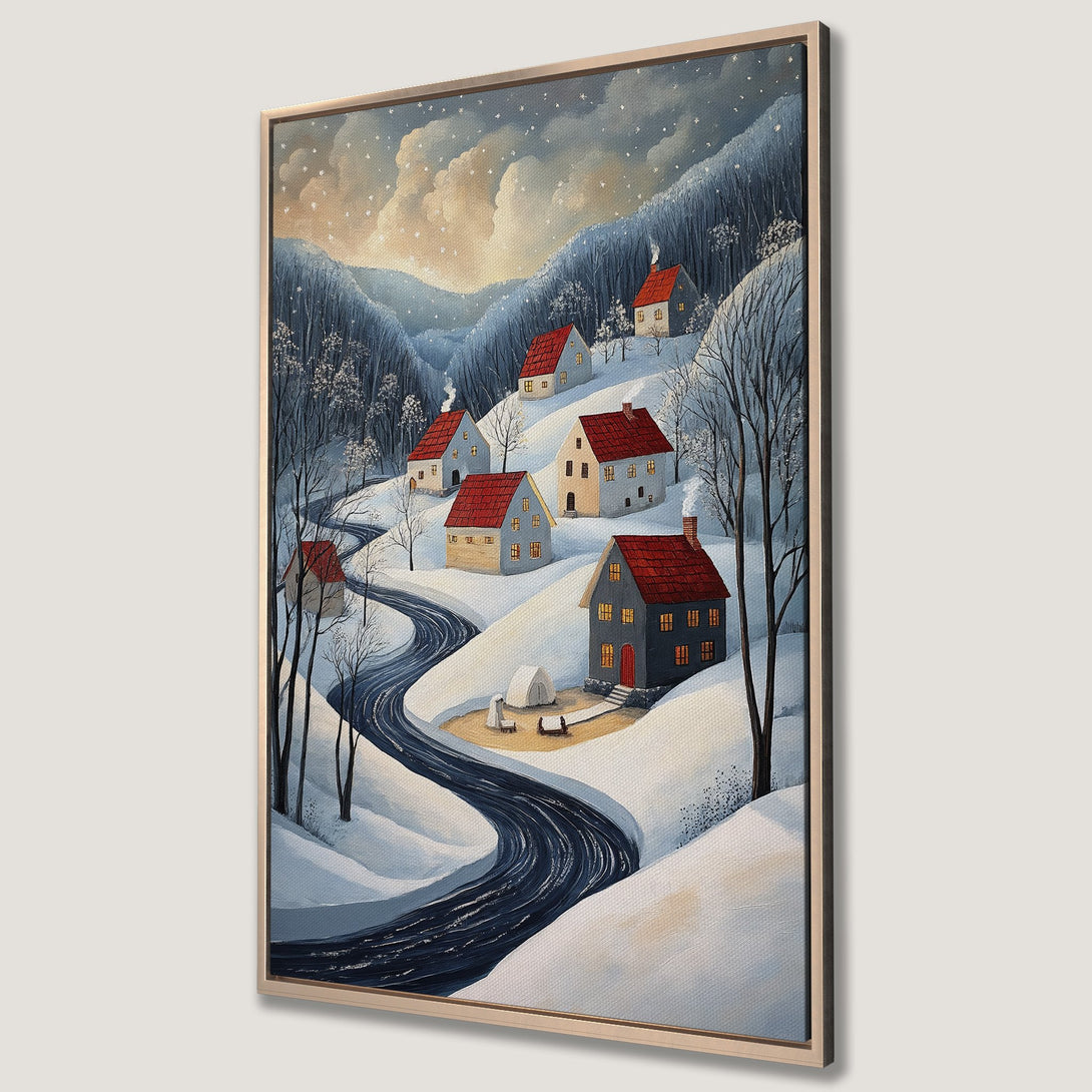 Framed Wall Art: Winter village scene Canvas Print. Charming folk art style with snowy landscape, houses, and a cool blue and warm red color palette. Perfect for cozy decor.