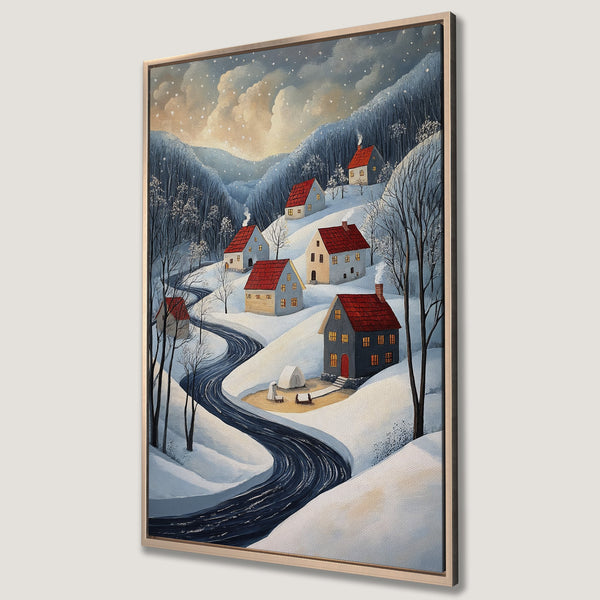 Framed Wall Art: Winter village scene Canvas Print. Charming folk art style with snowy landscape, houses, and a cool blue and warm red color palette. Perfect for cozy decor.