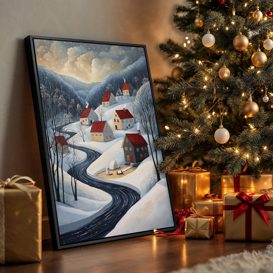 Framed Wall Art: Winter village scene in blue, white, and red. Cozy artwork for your home. Perfect for holiday decor!