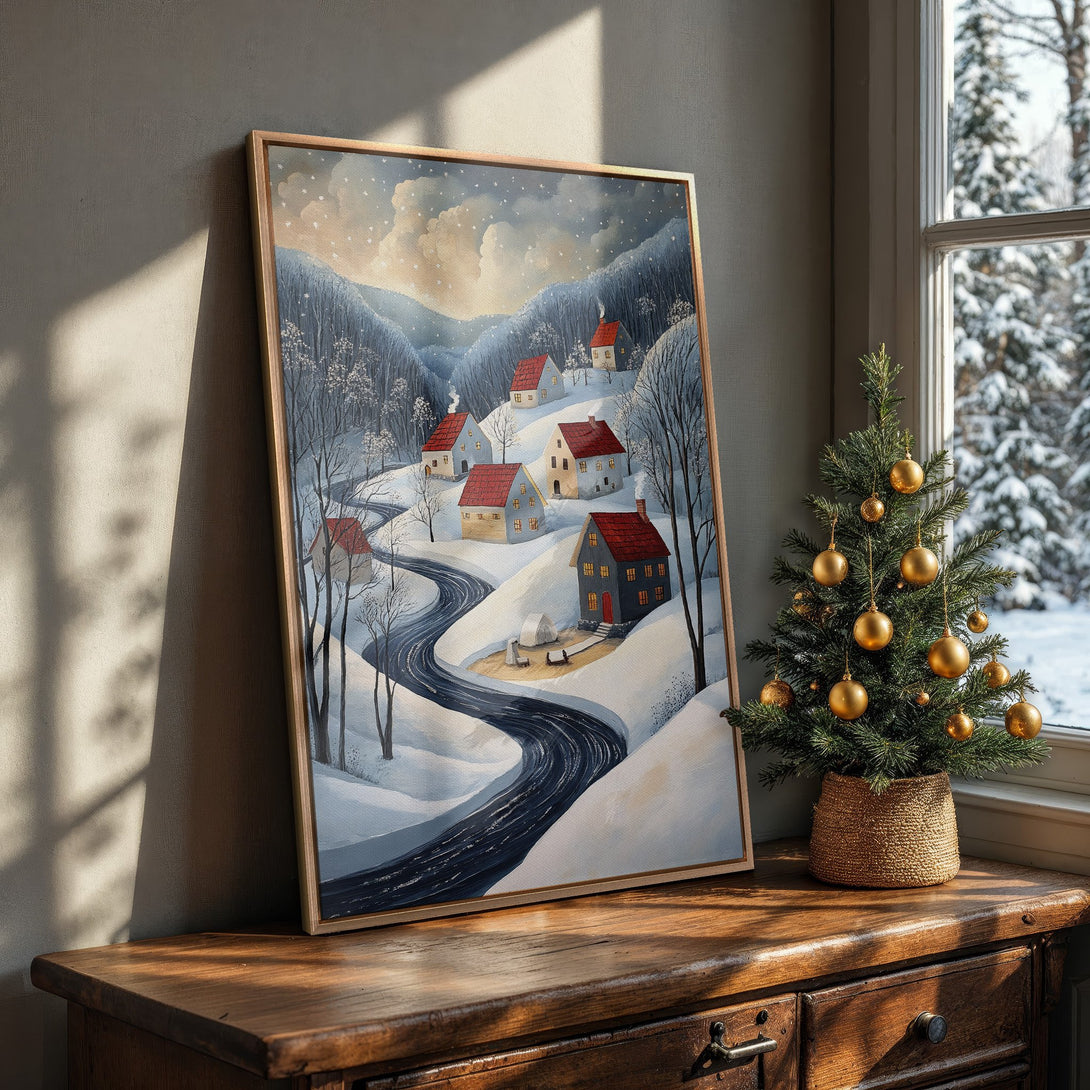 Framed Wall Art Canvas Print of a winter village scene in a charming, whimsical style with a cool blue and warm red color palette.