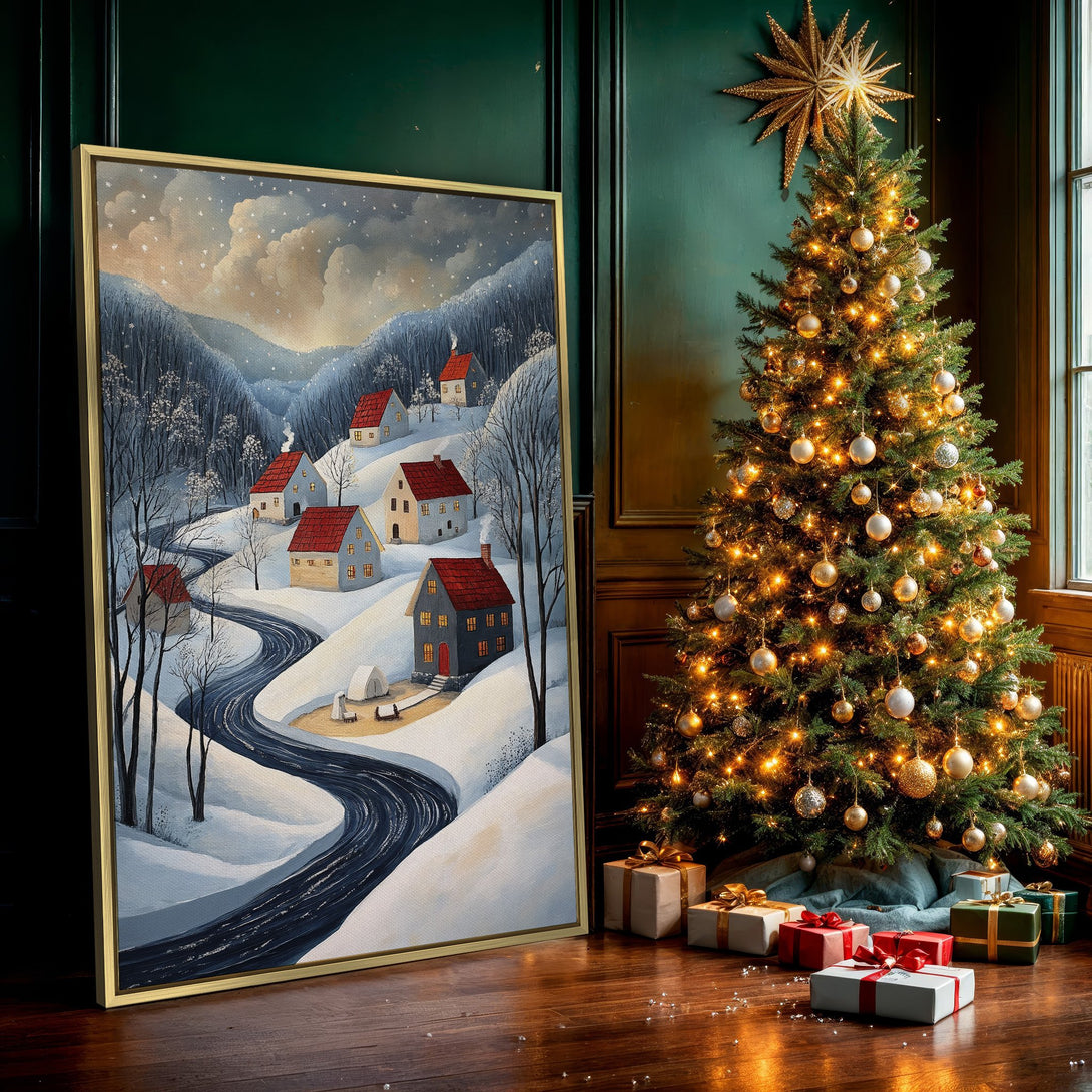Canvas Print of a snowy village scene in a whimsical style, featuring a blue and white color palette with pops of red. Perfect winter decor!
