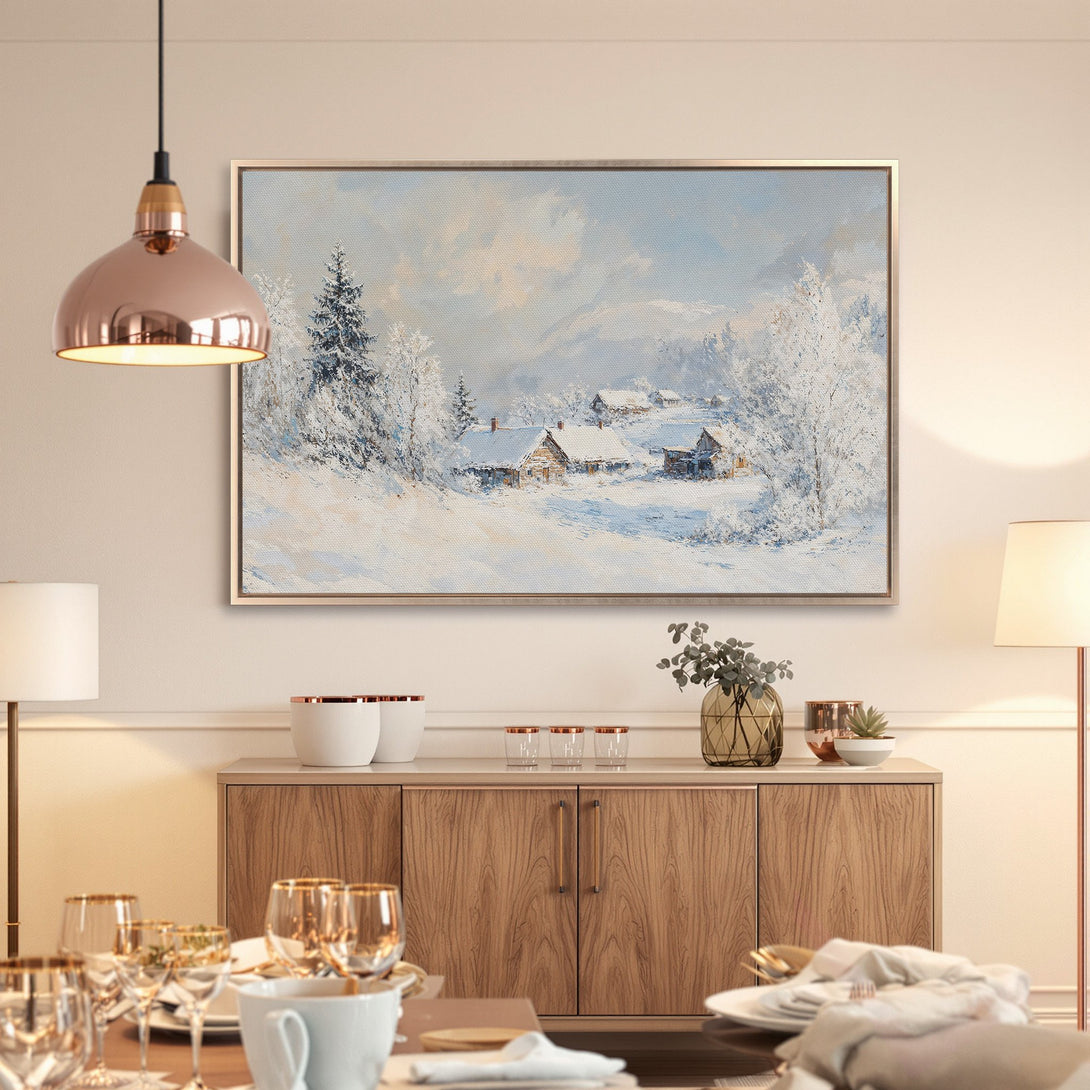 Framed Wall Art featuring a winter landscape painting in cool blue and white tones. Perfect for adding a touch of serenity to your home decor.