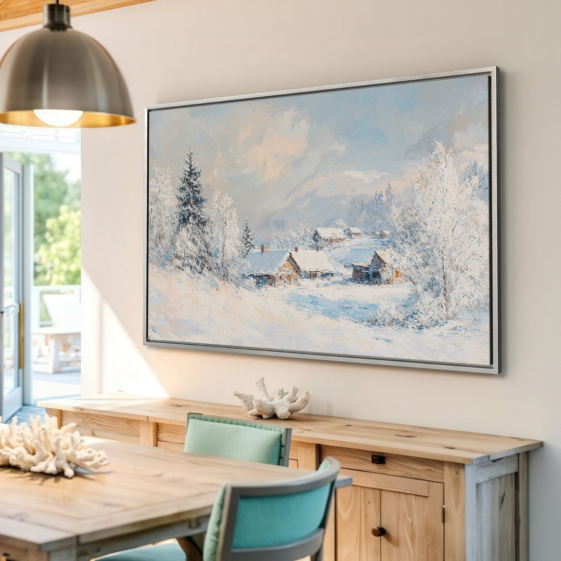 Framed Wall Art: Winter landscape Canvas Print in cool blue and white tones. Perfect for adding a touch of serenity to your home decor.