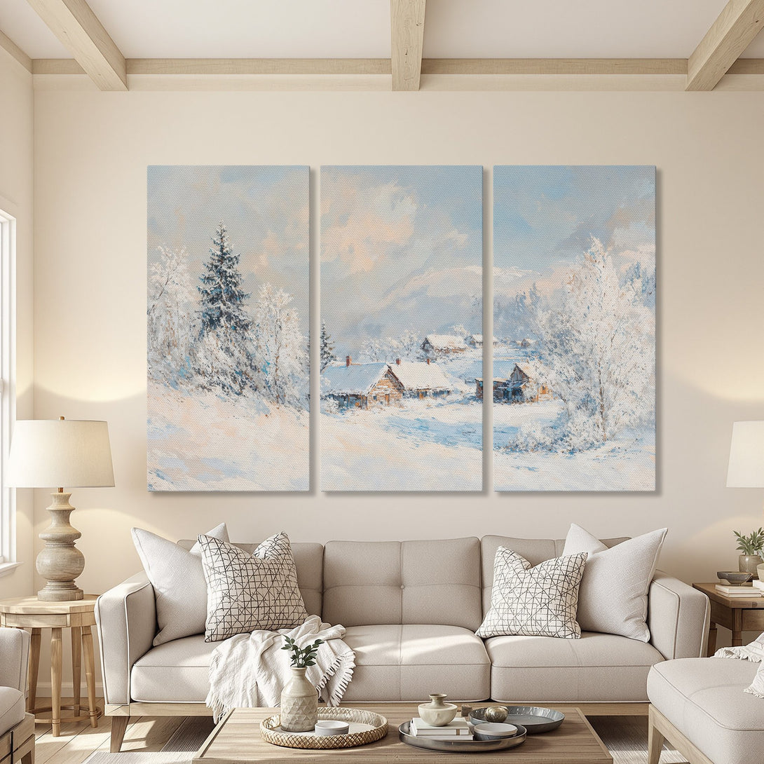 Canvas Print of a winter landscape painting with snowy trees and houses. Soft blue, white, and beige color palette. Perfect for cozy home decor.