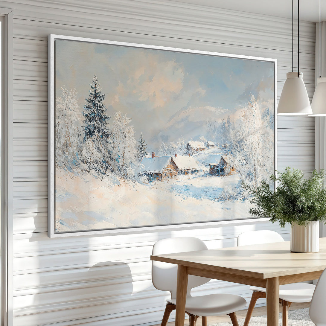 Framed Wall Art: Winter landscape Canvas Print in cool blue and white tones. Perfect for adding a touch of serene beauty to your home decor.