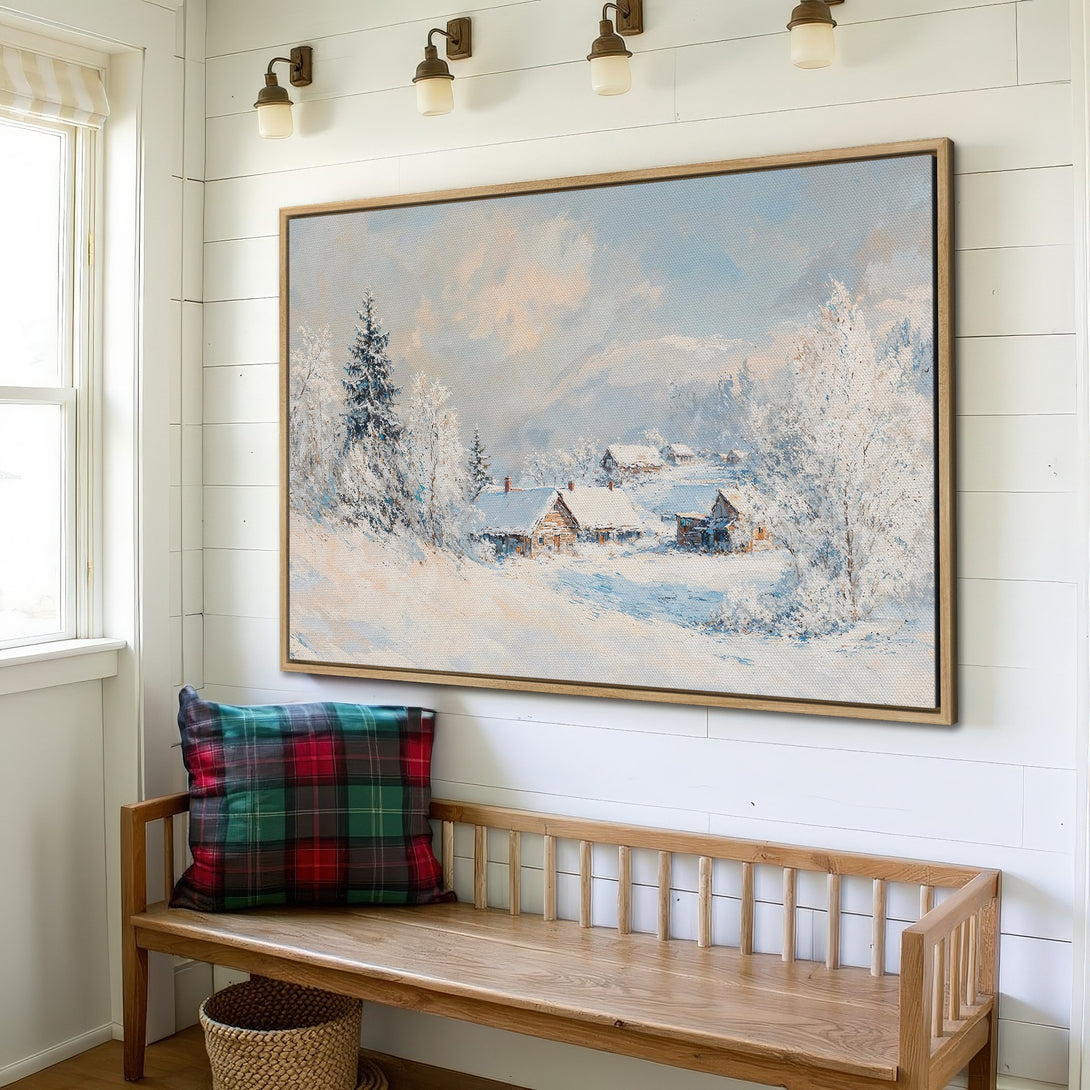 Framed Wall Art: Winter landscape canvas print with a serene, snowy scene in cool blues and whites. Perfect for adding cozy charm to your home decor.