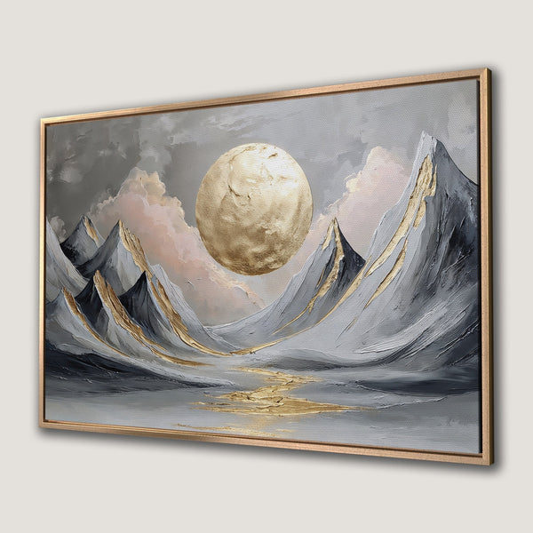 Framed Wall Art: Abstract landscape painting with gold accents, featuring mountains and a golden sun. Gray, gold, and blush color palette.