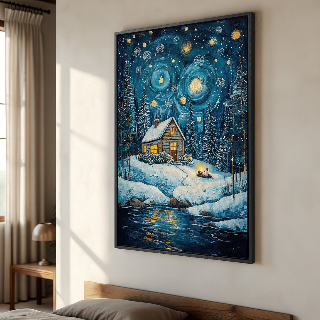 Framed Wall Art: Winter cabin scene in a vibrant blue and gold palette. Cozy art for your home, perfect for adding a touch of warmth and style.