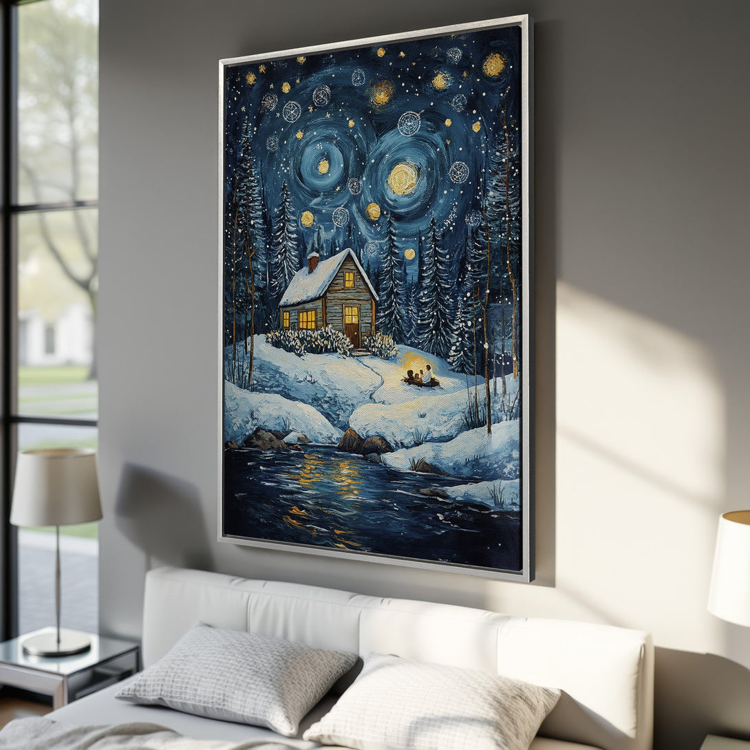 Framed Wall Art: Winter cabin scene in a painterly style, featuring a cozy cabin under a starry night sky. Blue and gold color palette. Perfect for home decor.