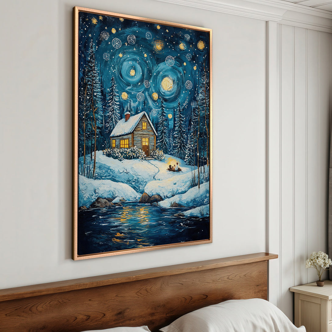 Framed Wall Art: Winter cabin scene with starry night sky, blue and gold palette. Cozy art for home decor, perfect Canvas Print for bedroom or living room.