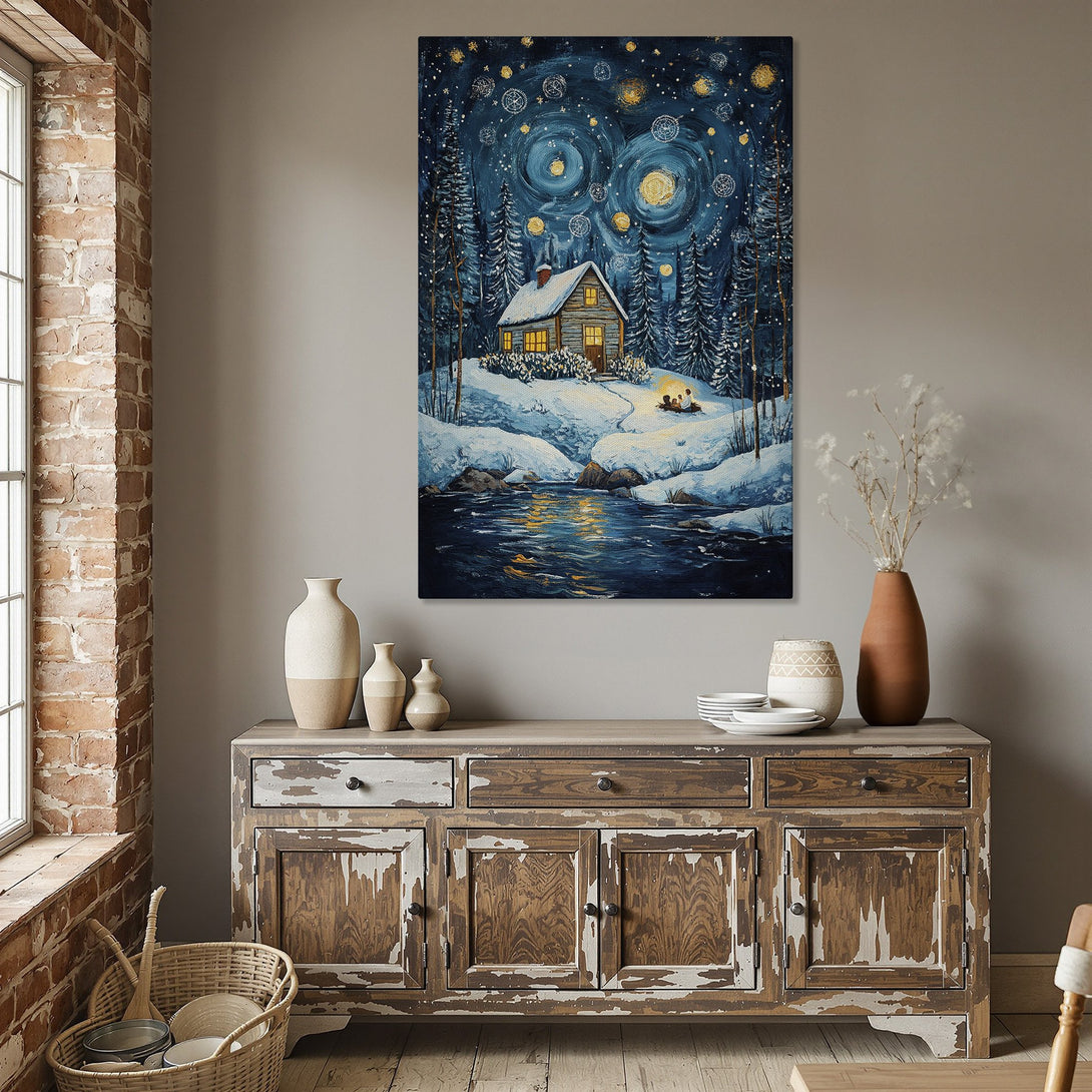 Framed Wall Art: Winter cabin scene in a dreamy, impressionistic style. Featuring a cozy cabin under a starry night sky, with a blue and gold color palette.