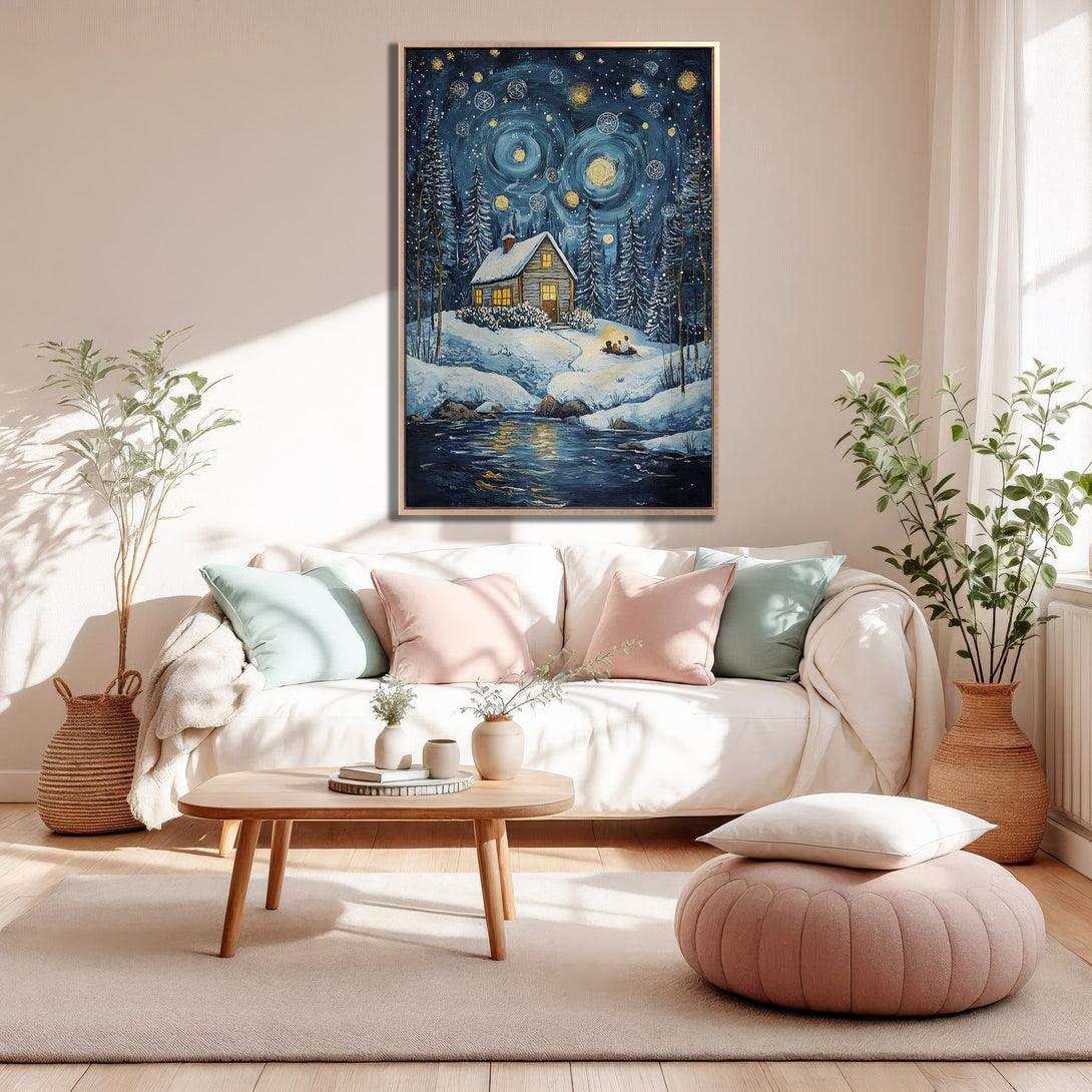 Framed Wall Art: Cozy winter cabin scene in a watercolor style with a blue and gold color palette. Perfect for adding warmth and charm to your living room.
