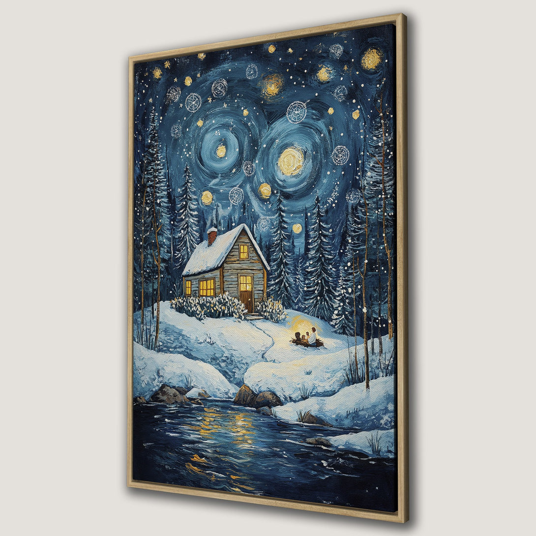 Framed Wall Art: Winter cabin scene with starry night sky. Blue and gold color palette. Cozy landscape art for home decor.