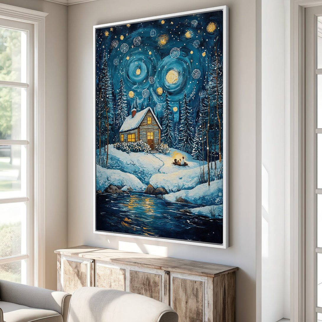 Framed Wall Art: Winter cabin scene in a whimsical style with a blue and gold color palette. Perfect for cozy home decor. Shop now!