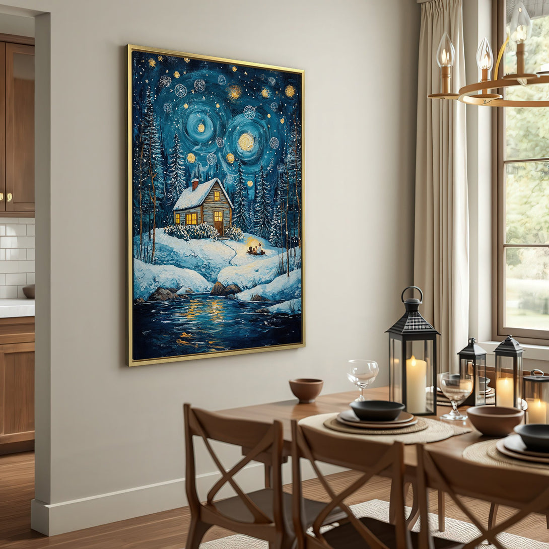Canvas Print of a cozy winter cabin scene. Featuring a starry night sky, snowy landscape, and a blue and gold color palette, perfect for home decor.
