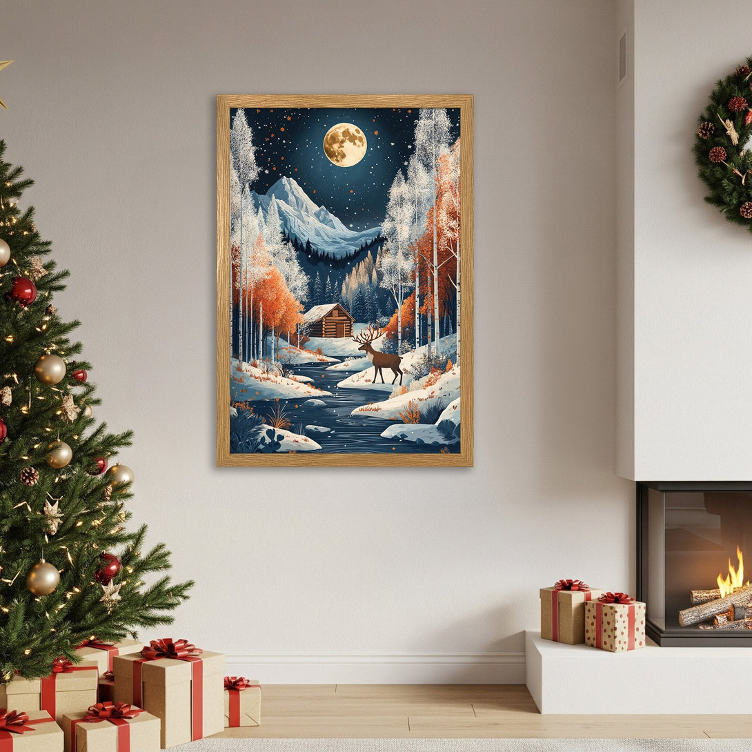 Framed Poster of a winter forest scene with a deer, featuring a blue, orange, and white color palette. Perfect holiday decor!