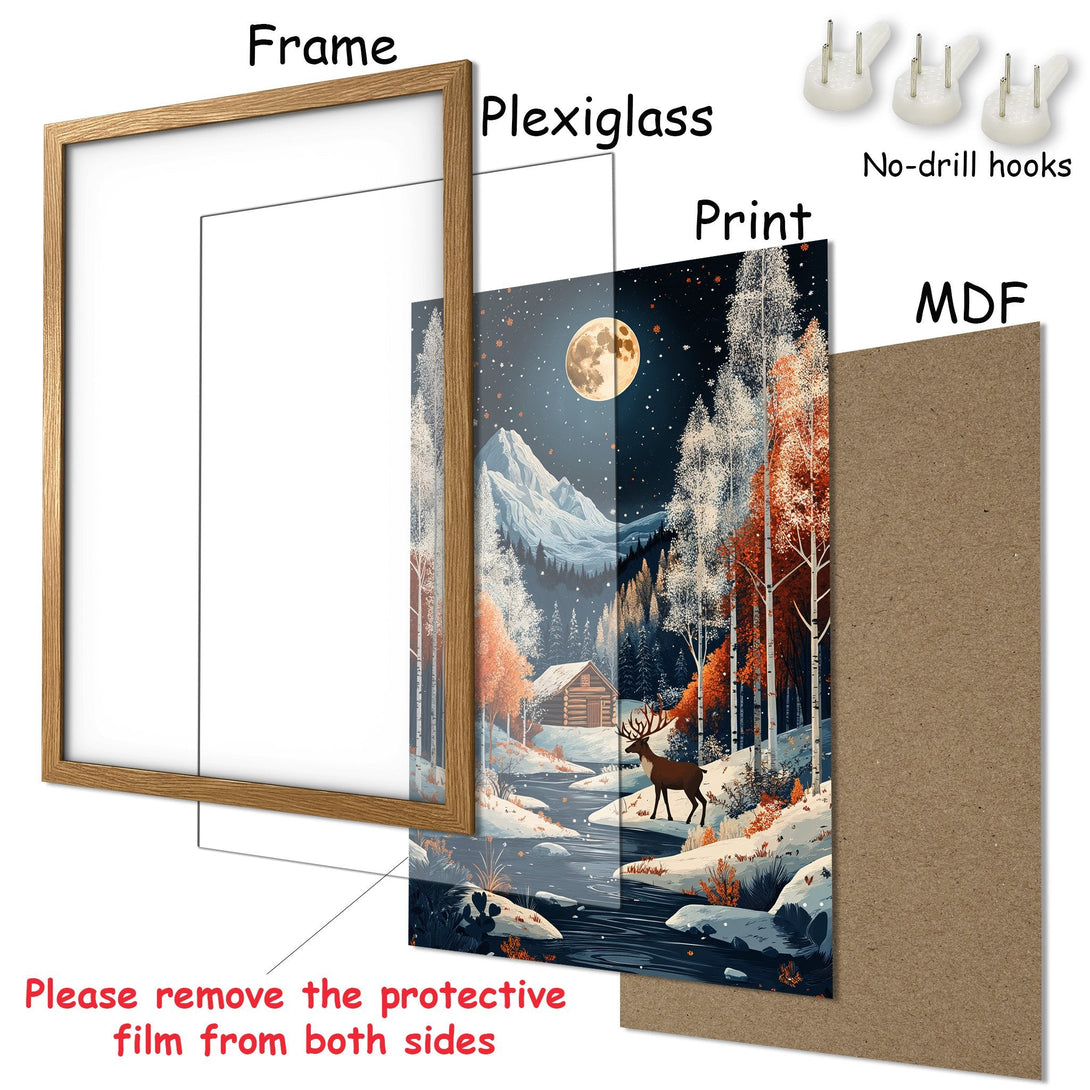 Framed Poster: Winter landscape art print with cabin, deer, and moon. Featuring a warm color palette. Perfect wall decor.
