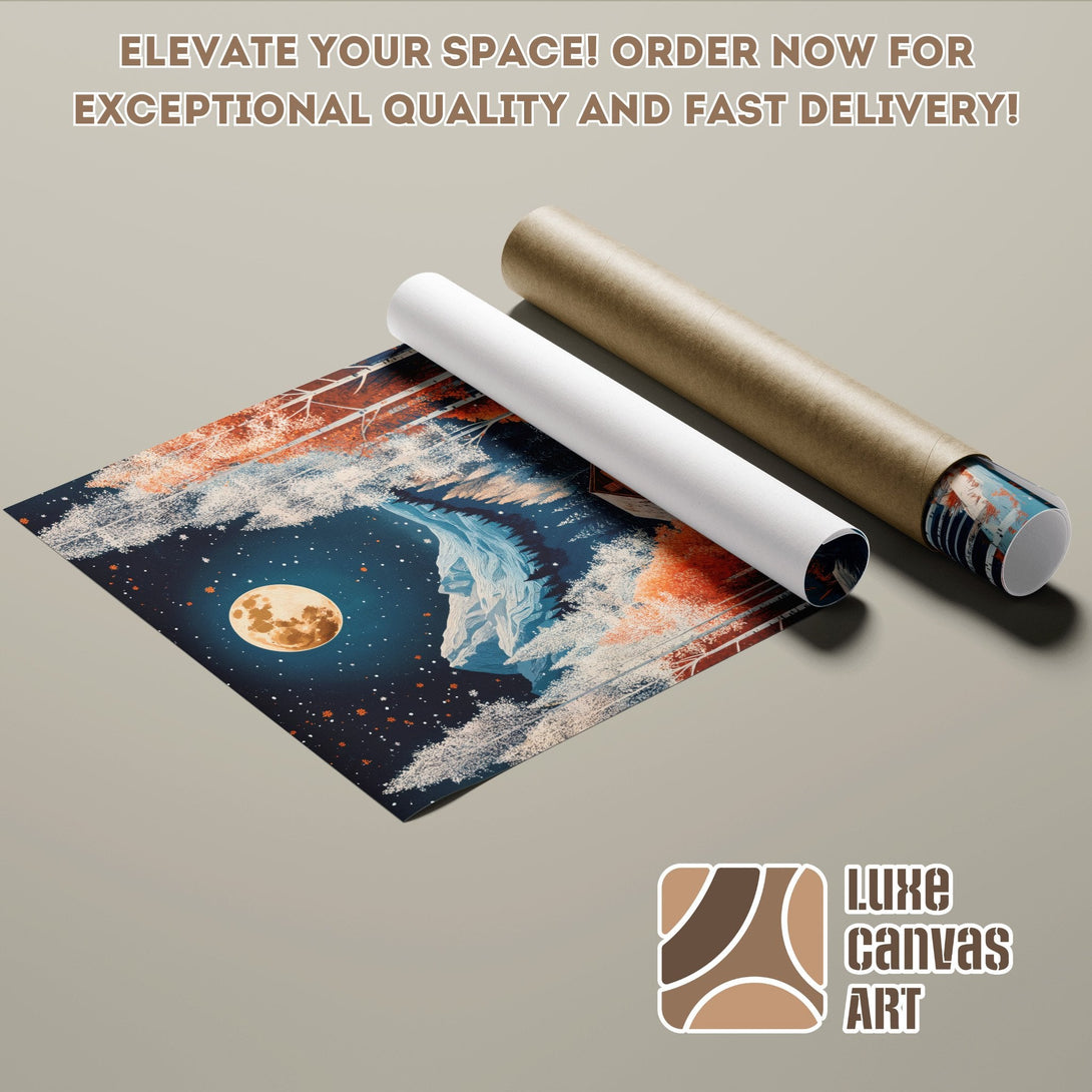 Poster Roll featuring a night landscape with a moon, in a modern style, with blue, orange, and brown tones.