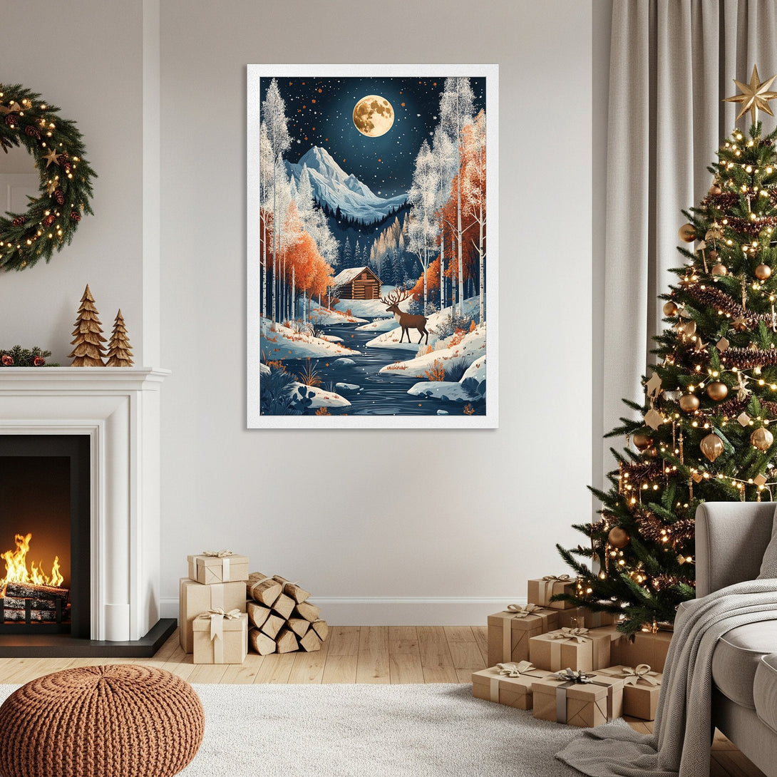Framed Poster featuring a winter landscape with a cabin, deer, and full moon. Artistic style with a blue, orange, and white color palette. Perfect wall art!
