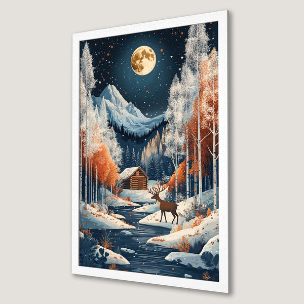 Framed Poster of a winter landscape with a deer. Features a cabin, trees, and a full moon. Beautiful blue, orange, and white color palette.