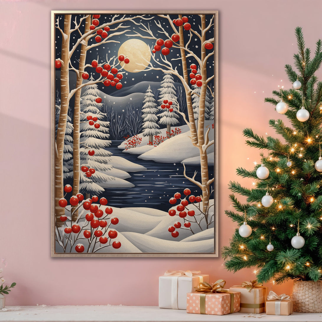 Framed Wall Art: Winter landscape with red berries, snowy trees, and a full moon. Cozy art in a blue, white, and brown color palette. Perfect holiday decor!