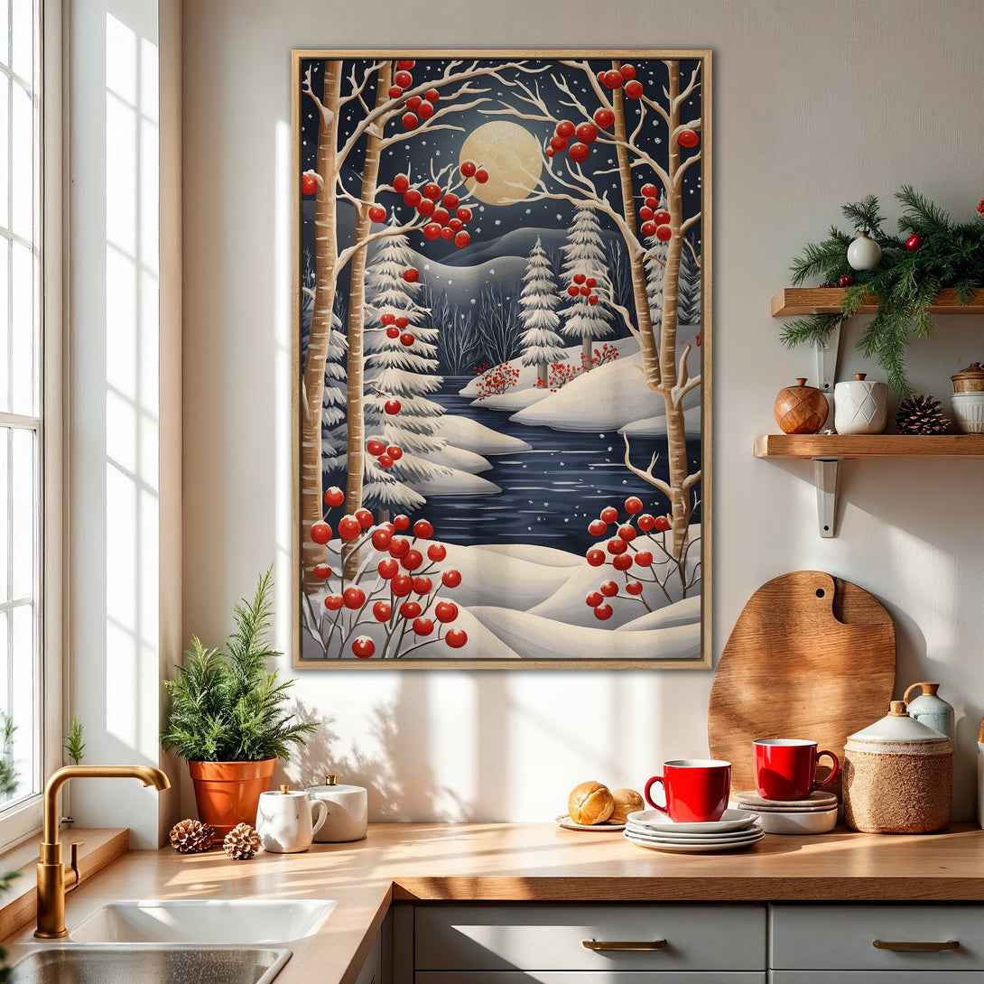 Framed Wall Art: Winter forest scene with red berries, snowy landscape, and moon. Cozy art in a neutral and red color palette, perfect for home decor.