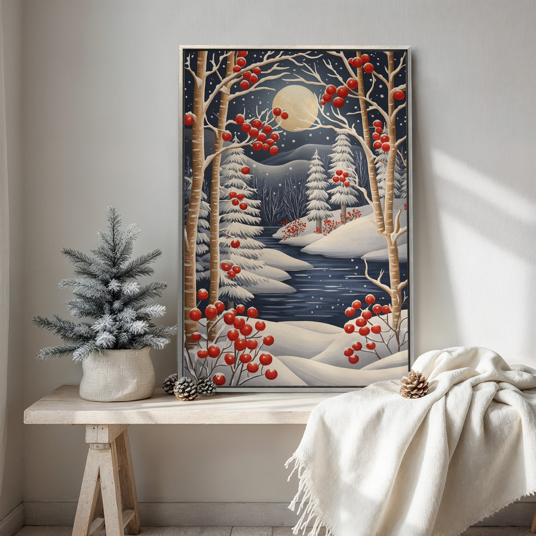 Framed Wall Art: Winter landscape canvas print with a snowy forest scene and red berries. Features a cool blue and white color palette, perfect for cozy decor.