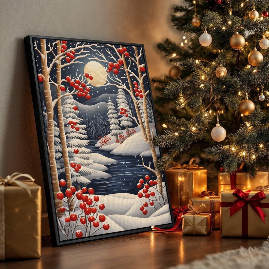 Framed Wall Art: Winter landscape with red berries, snowy trees, and a full moon. Beautiful artwork in a blue, white, and red color palette. Perfect holiday decor.