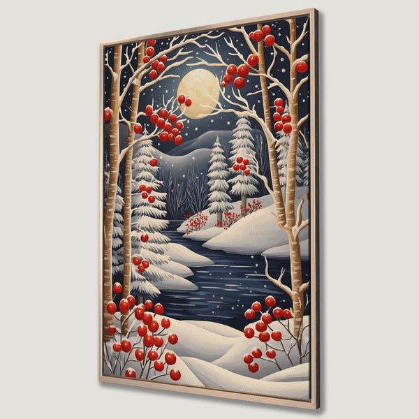 Framed Wall Art: Winter landscape Canvas Print with snowy trees, red berries, and a moon. Features a cool blue and white color palette, perfect for cozy decor.