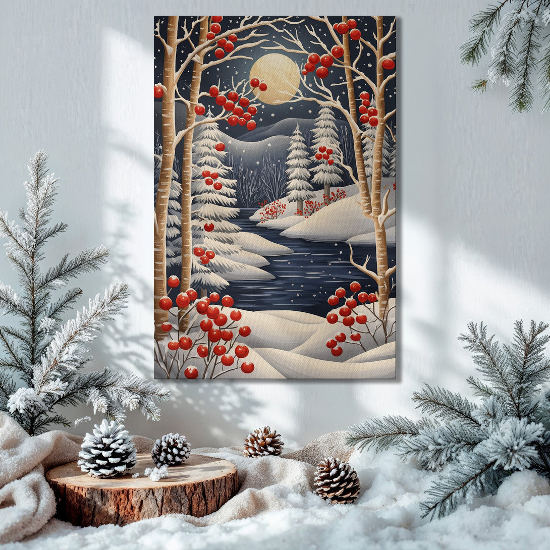 Framed Wall Art: Winter landscape Canvas Print with red berries, snowy scene, and a gold frame. Beautiful blue, white, and red color palette. Perfect holiday decor.