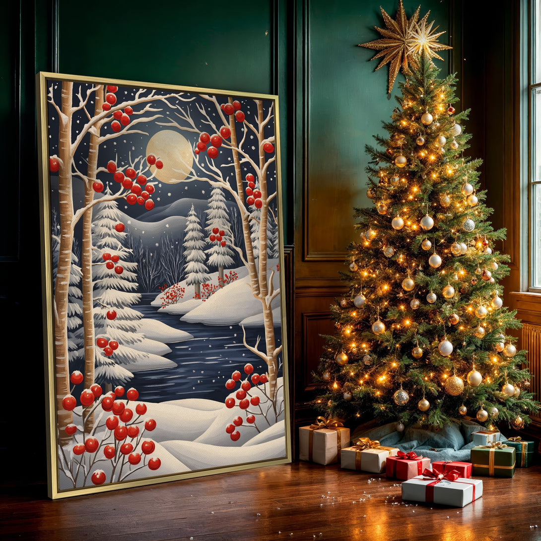 Canvas Print of a winter forest scene with red berries, in a painterly style, featuring a cool, muted color palette.