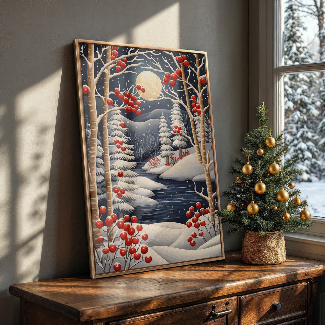 Framed Wall Art: Winter forest scene with red berries, snowy landscape, and a full moon. Cozy, inviting artwork in a cool, muted color palette.