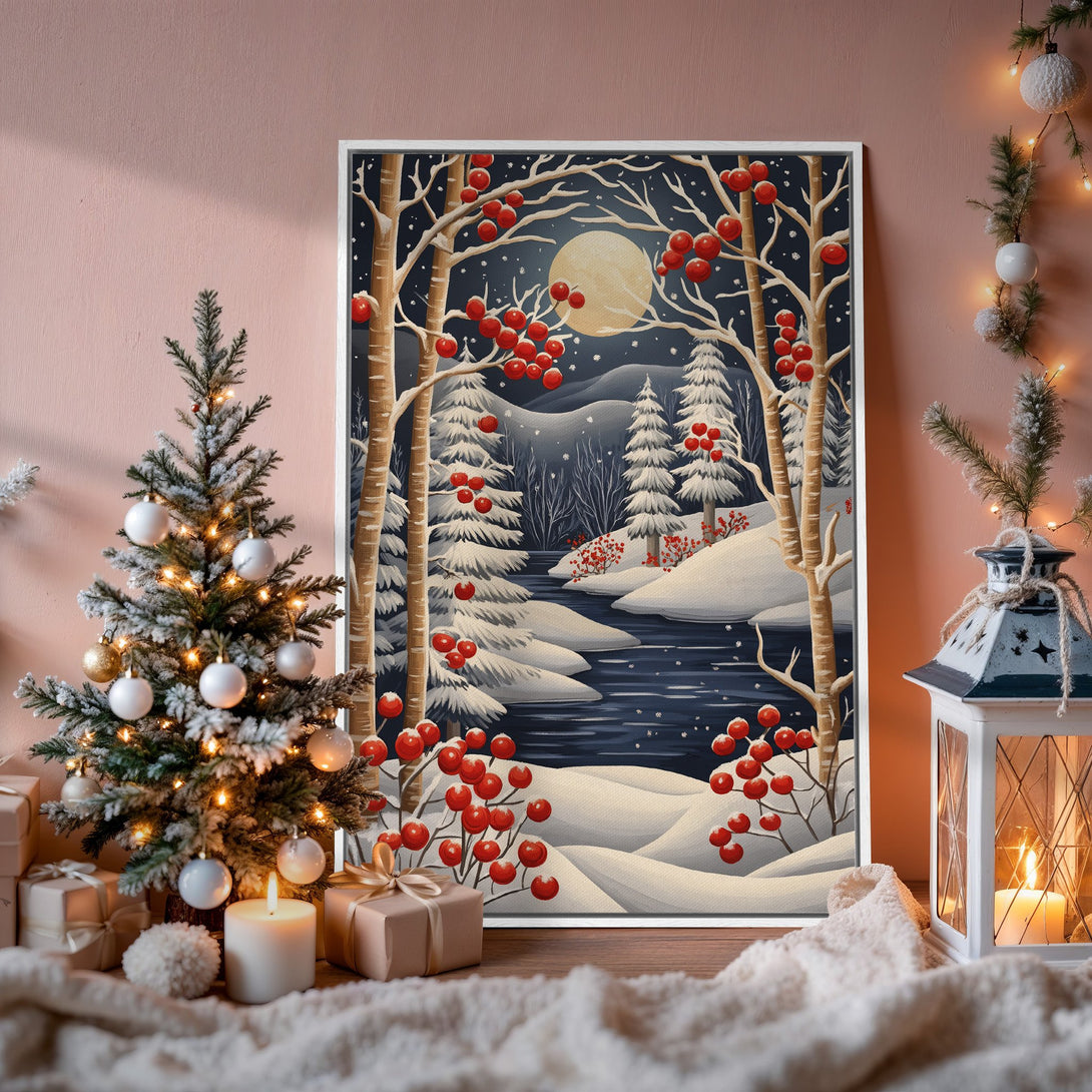 Framed Wall Art: Winter landscape Canvas Print with a snowy forest, berries, and a full moon in a cool blue and red palette. Cozy holiday decor.